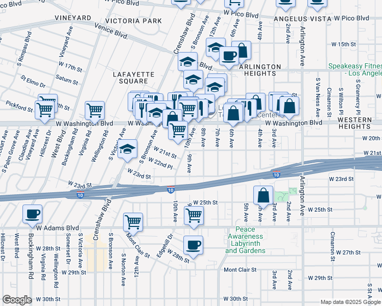 map of restaurants, bars, coffee shops, grocery stores, and more near 2101 9th Avenue in Los Angeles