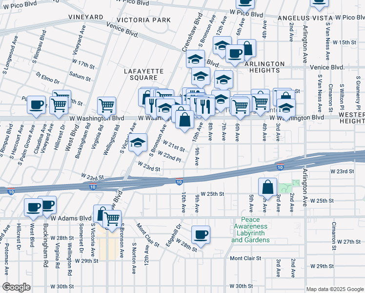 map of restaurants, bars, coffee shops, grocery stores, and more near 4037 West 21st Street in Los Angeles