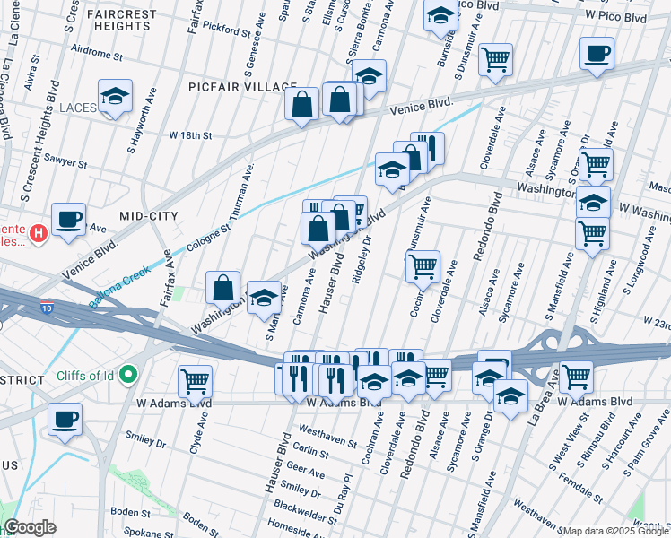 map of restaurants, bars, coffee shops, grocery stores, and more near 2100 Hauser Boulevard in Los Angeles