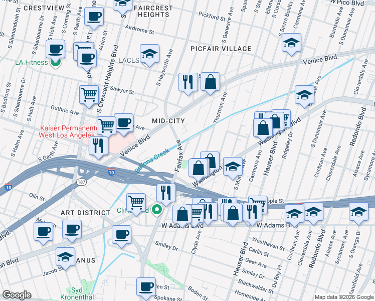 map of restaurants, bars, coffee shops, grocery stores, and more near 2218 South Genesee Avenue in Los Angeles