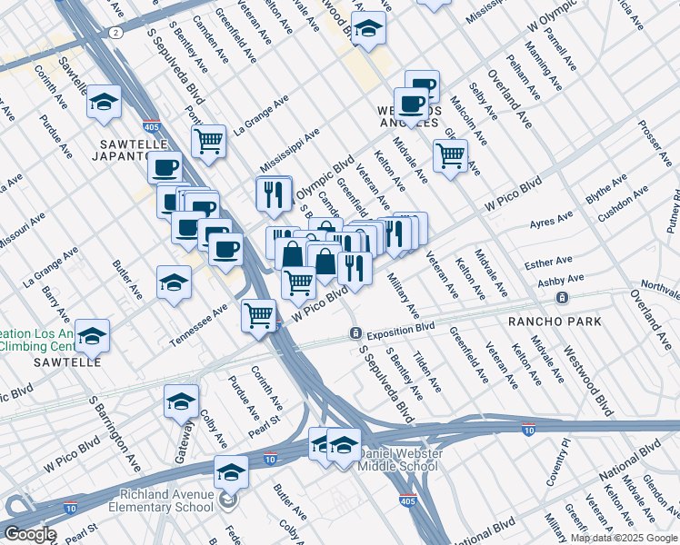 map of restaurants, bars, coffee shops, grocery stores, and more near 2336 South Sepulveda Boulevard in Los Angeles