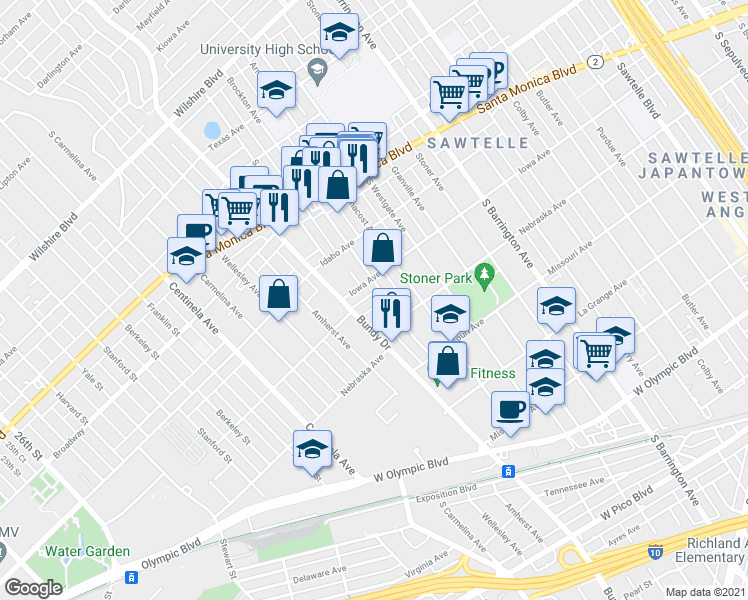 map of restaurants, bars, coffee shops, grocery stores, and more near 1730 Brockton Avenue in Los Angeles