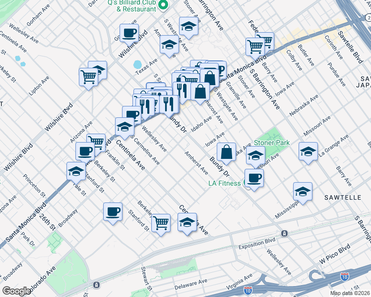 map of restaurants, bars, coffee shops, grocery stores, and more near 1627 South Bundy Drive in Los Angeles