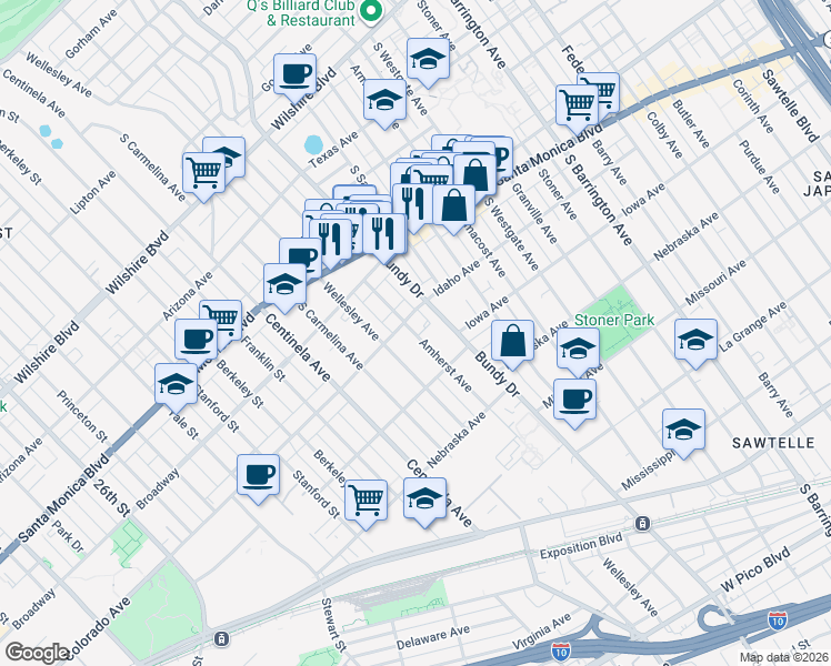map of restaurants, bars, coffee shops, grocery stores, and more near 1627 South Bundy Drive in Los Angeles