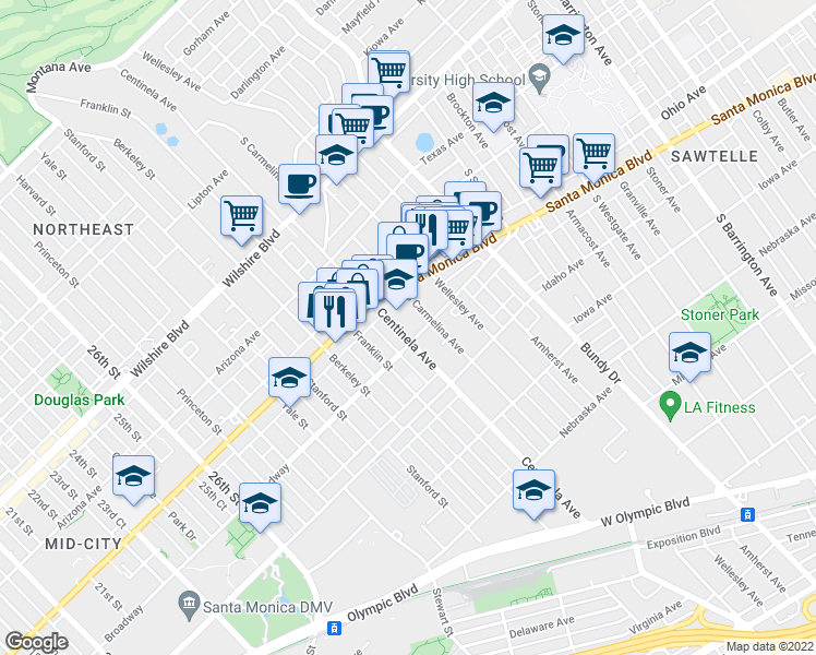 map of restaurants, bars, coffee shops, grocery stores, and more near 1427 Centinela Avenue in Santa Monica