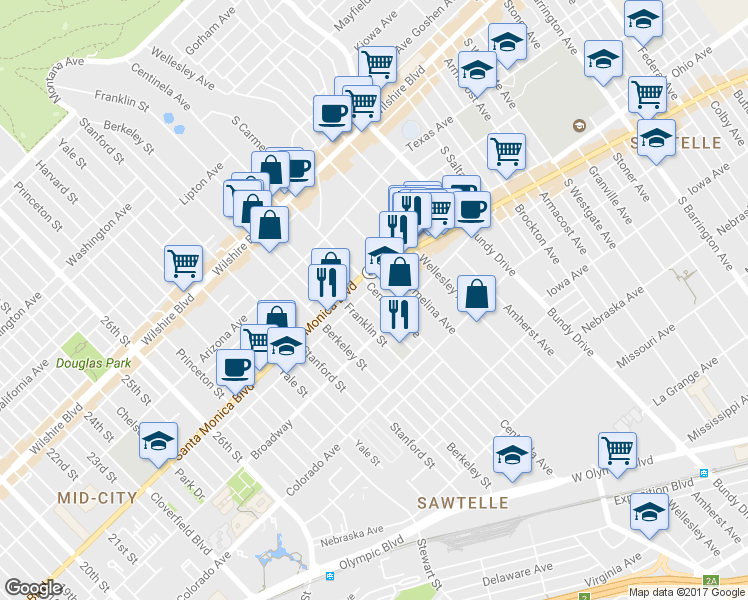 map of restaurants, bars, coffee shops, grocery stores, and more near 1427 Centinela Avenue in Santa Monica