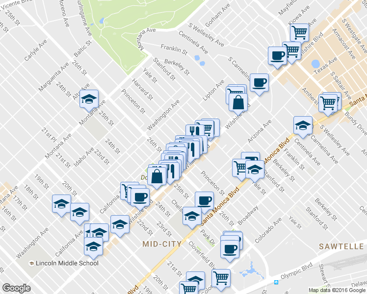 map of restaurants, bars, coffee shops, grocery stores, and more near 1115 Princeton Street in Santa Monica