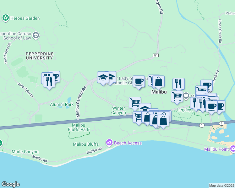 map of restaurants, bars, coffee shops, grocery stores, and more near 3601 Vista Pacifica in Malibu