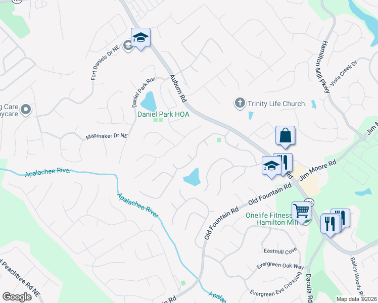 map of restaurants, bars, coffee shops, grocery stores, and more near 1419 Fairdale Court in Dacula
