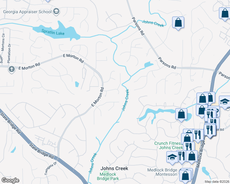 map of restaurants, bars, coffee shops, grocery stores, and more near 5557 Farmside Way in Alpharetta