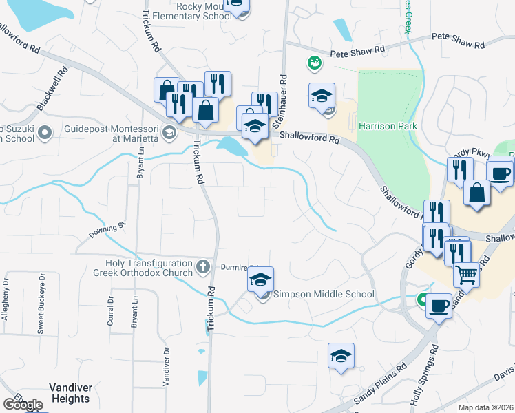 map of restaurants, bars, coffee shops, grocery stores, and more near 3583 Steinhauer Road in Marietta
