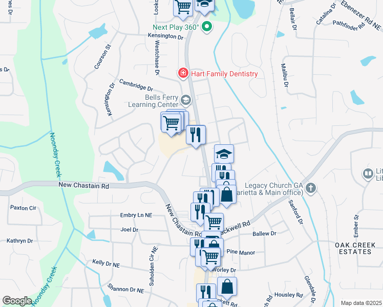 map of restaurants, bars, coffee shops, grocery stores, and more near 717 Blackwell Circle in Marietta