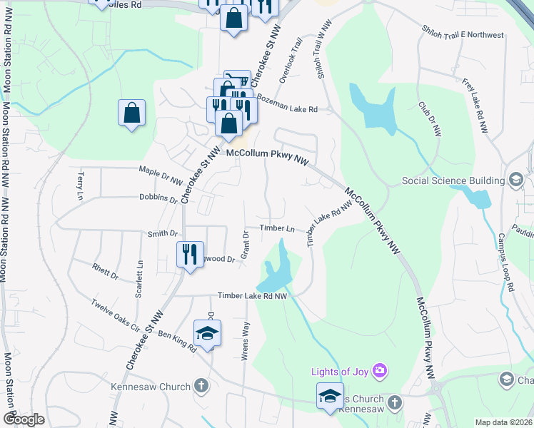map of restaurants, bars, coffee shops, grocery stores, and more near 1850 Grant Court in Kennesaw