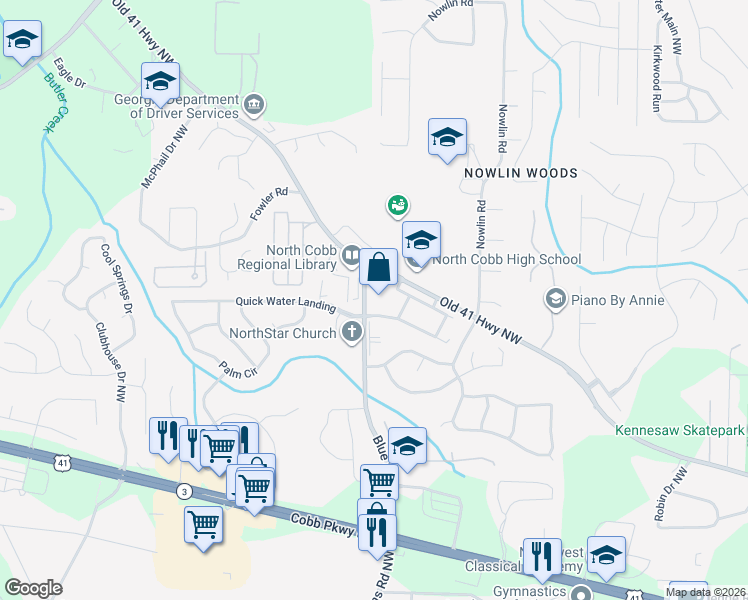 map of restaurants, bars, coffee shops, grocery stores, and more near 3440 Blue Springs Road in Kennesaw
