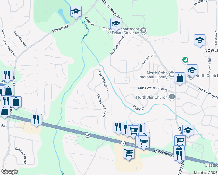 map of restaurants, bars, coffee shops, grocery stores, and more near 1123 Cool Springs Drive in Kennesaw