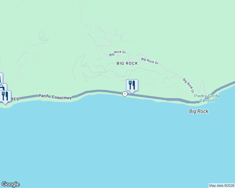 map of restaurants, bars, coffee shops, grocery stores, and more near 20456 Pacific Coast Highway in Malibu