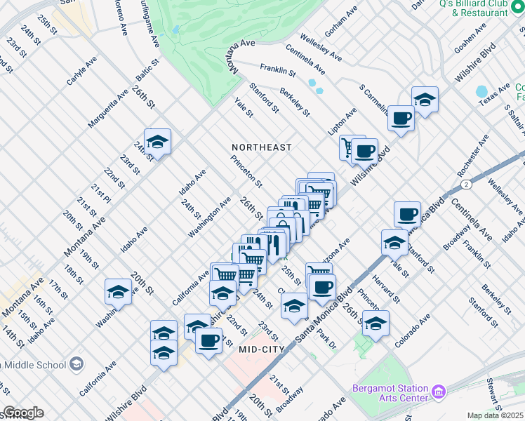 map of restaurants, bars, coffee shops, grocery stores, and more near 1055 26th Street in Santa Monica
