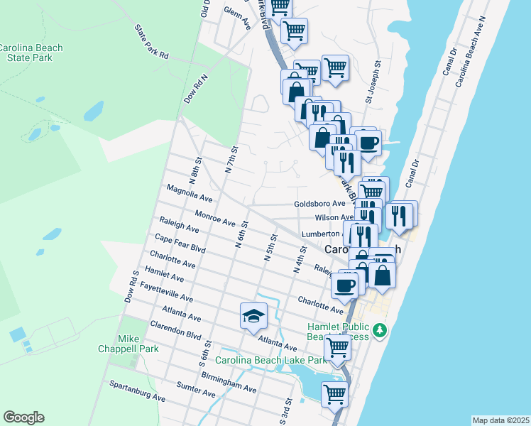 map of restaurants, bars, coffee shops, grocery stores, and more near 502 Harper Avenue in Carolina Beach
