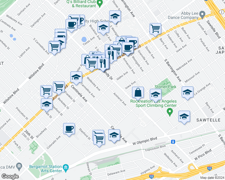 map of restaurants, bars, coffee shops, grocery stores, and more near 1618 Amherst Avenue in Los Angeles