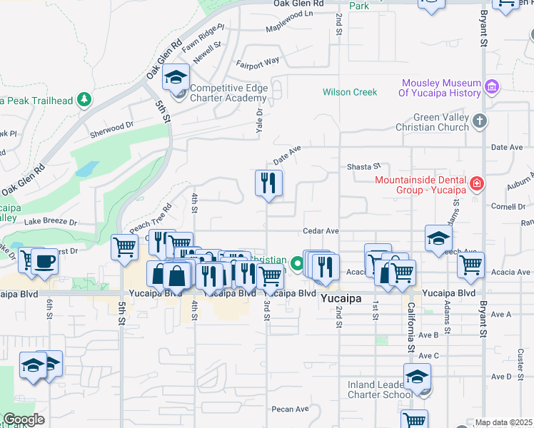 map of restaurants, bars, coffee shops, grocery stores, and more near 12710 3rd Street in Yucaipa