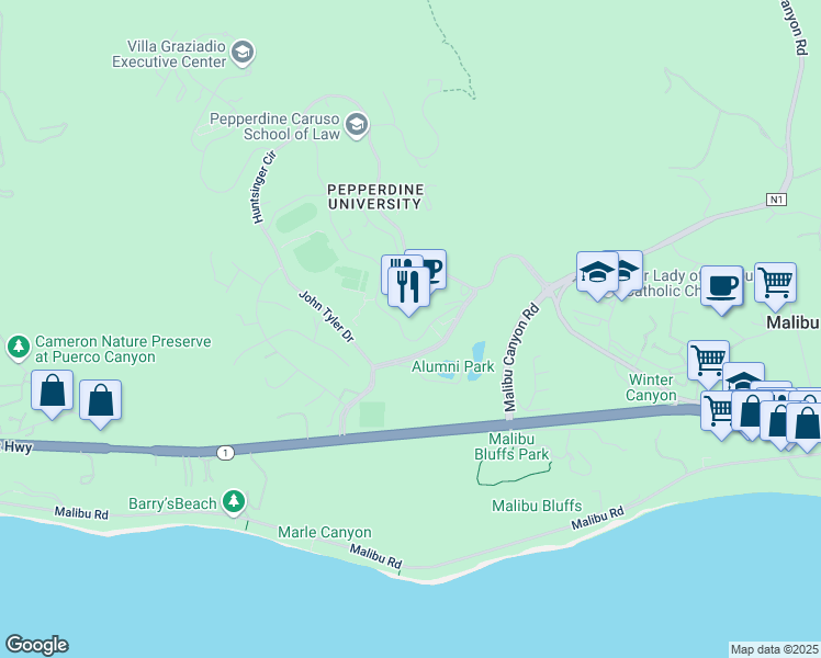 map of restaurants, bars, coffee shops, grocery stores, and more near 24255 Pacific Coast Highway in Malibu