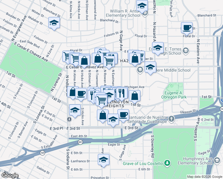 map of restaurants, bars, coffee shops, grocery stores, and more near 167 North Eastman Avenue in Los Angeles
