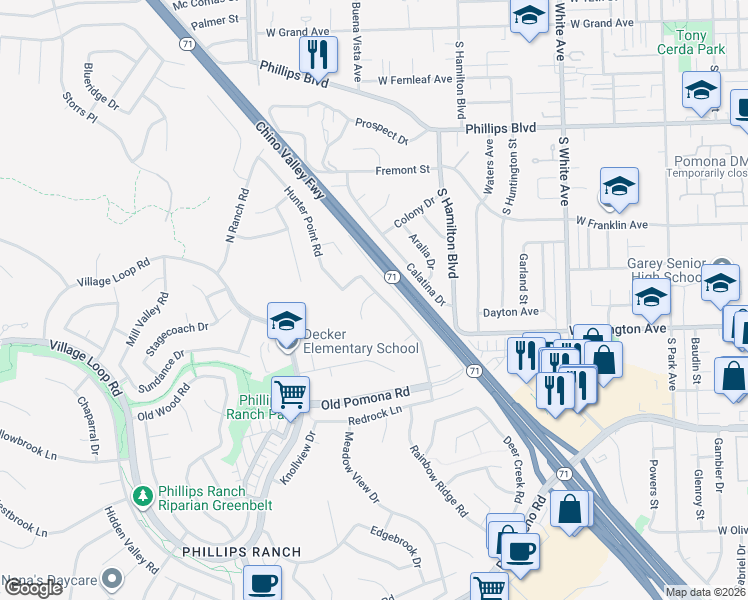 map of restaurants, bars, coffee shops, grocery stores, and more near 51 Rising Hill Road in Pomona