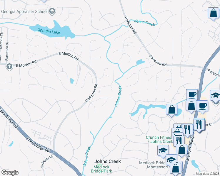 map of restaurants, bars, coffee shops, grocery stores, and more near 5557 Farmside Way in Alpharetta