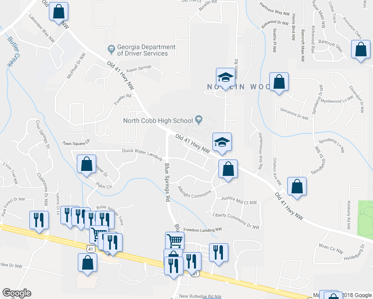 map of restaurants, bars, coffee shops, grocery stores, and more near 3615 Silver Brooke Lane in Kennesaw