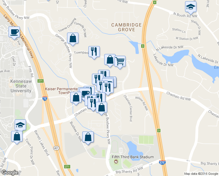 map of restaurants, bars, coffee shops, grocery stores, and more near 602 Chastain Road Northwest in Kennesaw