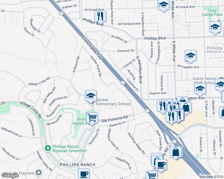map of restaurants, bars, coffee shops, grocery stores, and more near 51 Rising Hill Road in Pomona