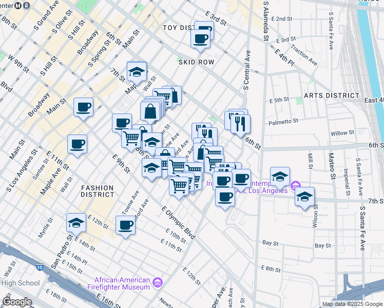 map of restaurants, bars, coffee shops, grocery stores, and more near 729 Gladys Avenue in Los Angeles