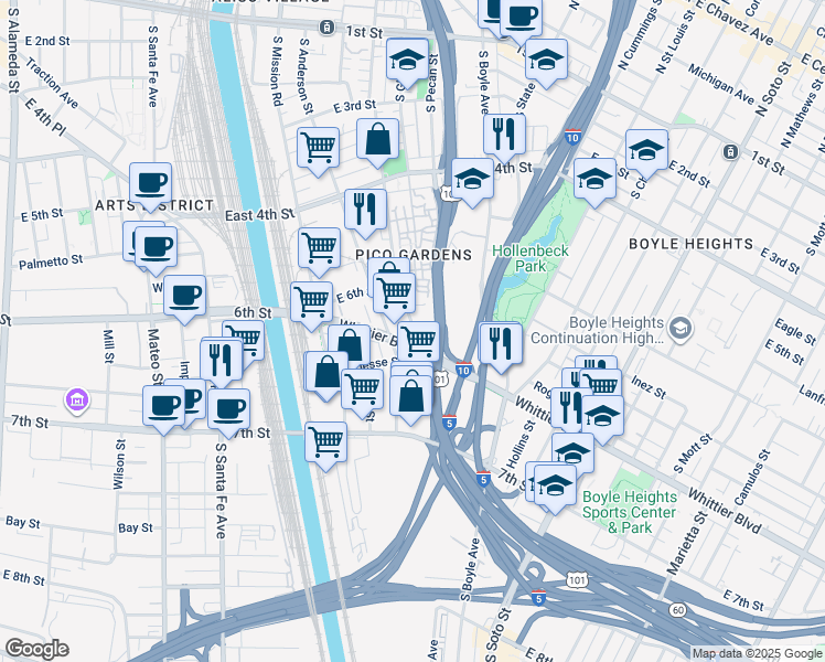 map of restaurants, bars, coffee shops, grocery stores, and more near 635 South Clarence Street in Los Angeles