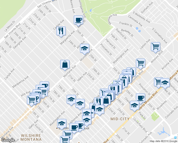 map of restaurants, bars, coffee shops, grocery stores, and more near 901 23rd Street in Santa Monica