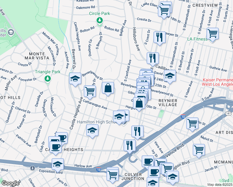 map of restaurants, bars, coffee shops, grocery stores, and more near 2736 Bagley Avenue in Los Angeles