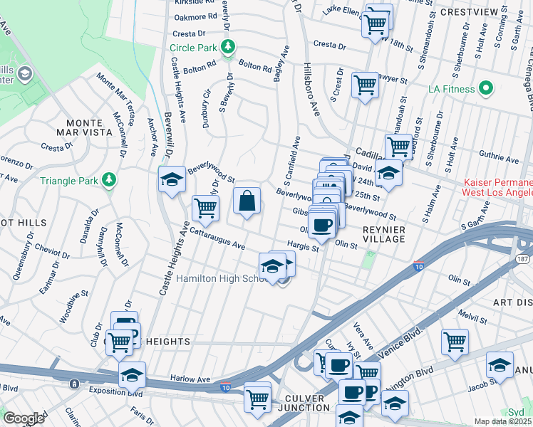 map of restaurants, bars, coffee shops, grocery stores, and more near 2736 Bagley Avenue in Los Angeles