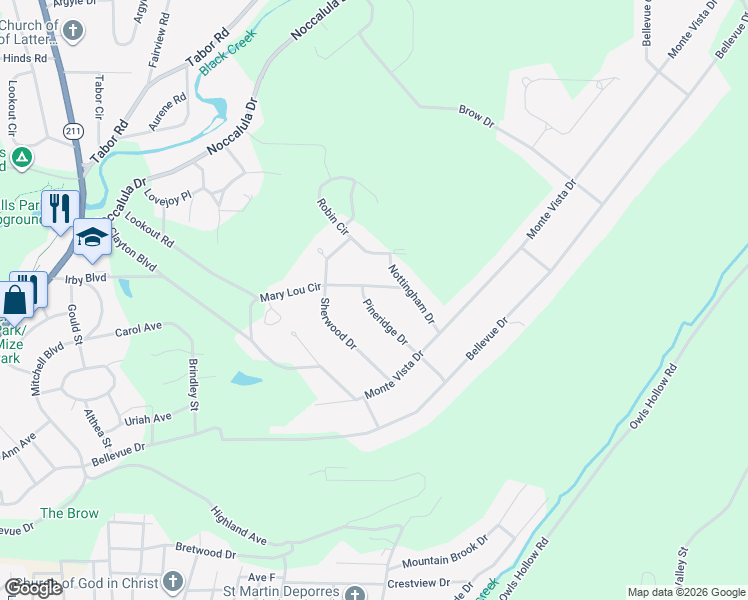 map of restaurants, bars, coffee shops, grocery stores, and more near 233 Pineridge Drive in Gadsden