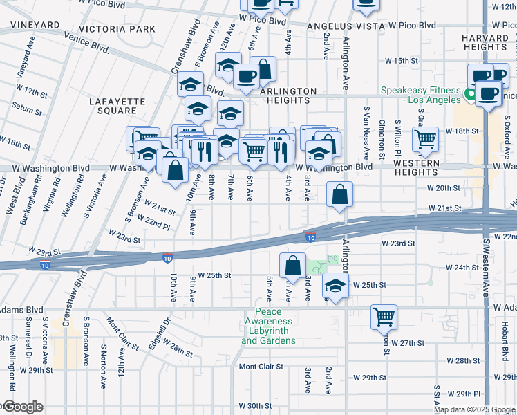 map of restaurants, bars, coffee shops, grocery stores, and more near 3520 West 21st Street in Los Angeles