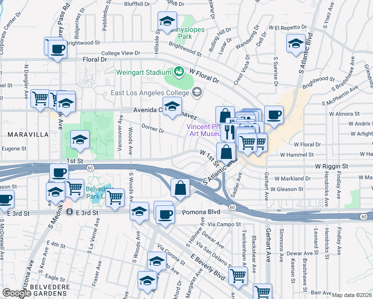 map of restaurants, bars, coffee shops, grocery stores, and more near 1301 West 1st Street in Monterey Park