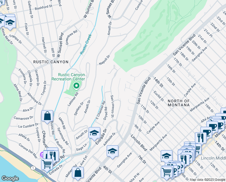 map of restaurants, bars, coffee shops, grocery stores, and more near 694 San Lorenzo Street in Santa Monica