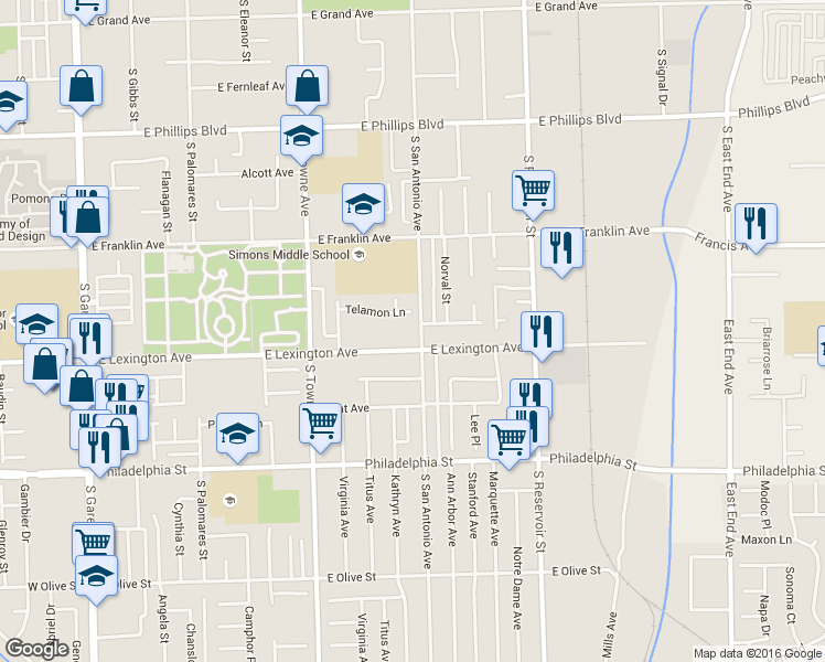 map of restaurants, bars, coffee shops, grocery stores, and more near 1851 South San Antonio Avenue in Pomona
