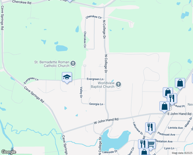 map of restaurants, bars, coffee shops, grocery stores, and more near 44 Evergreen Lane in Cedartown