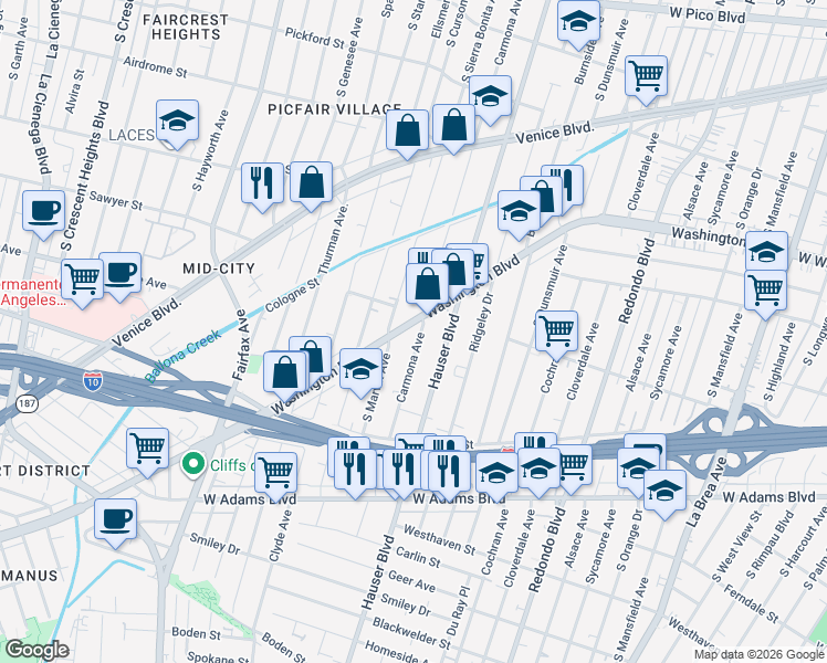 map of restaurants, bars, coffee shops, grocery stores, and more near 5458 Washington Boulevard in Los Angeles