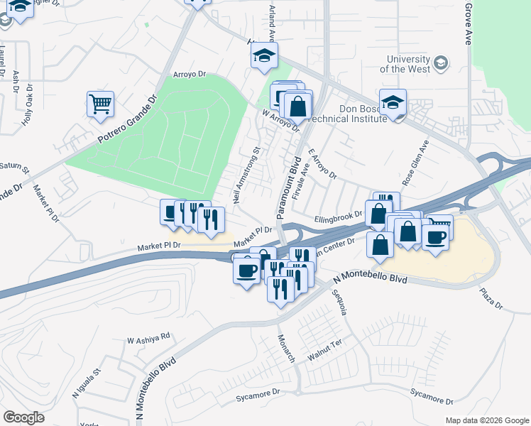map of restaurants, bars, coffee shops, grocery stores, and more near 1610 Neil Armstrong Street in Montebello