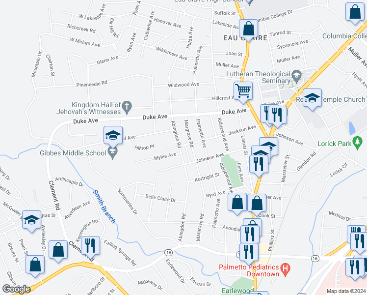 map of restaurants, bars, coffee shops, grocery stores, and more near 3914 Abingdon Road in Columbia