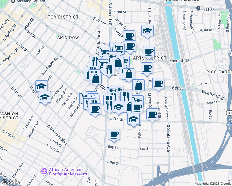 map of restaurants, bars, coffee shops, grocery stores, and more near 1230 East 6th Street in Los Angeles