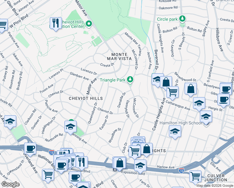 map of restaurants, bars, coffee shops, grocery stores, and more near 3012 Earlmar Drive in Los Angeles