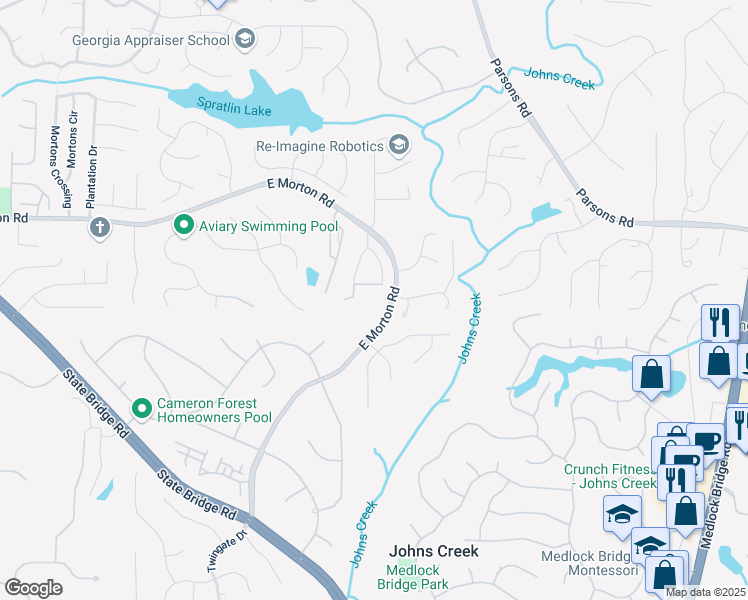 map of restaurants, bars, coffee shops, grocery stores, and more near 5481 East Morton Road in Alpharetta