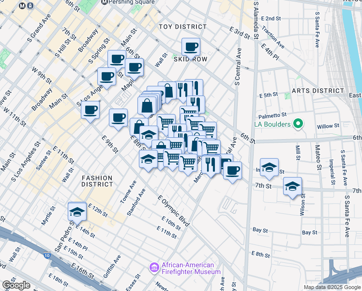 map of restaurants, bars, coffee shops, grocery stores, and more near 729 Gladys Avenue in Los Angeles