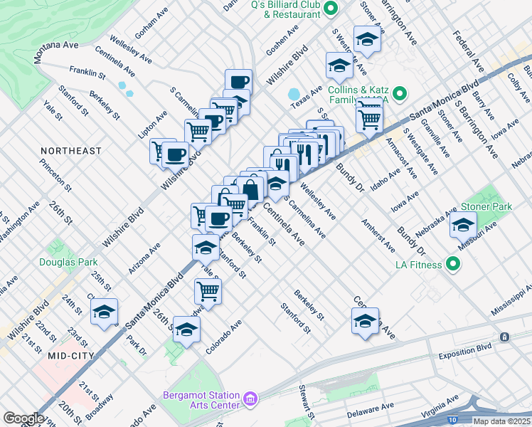map of restaurants, bars, coffee shops, grocery stores, and more near 1425 Centinela Avenue in Santa Monica